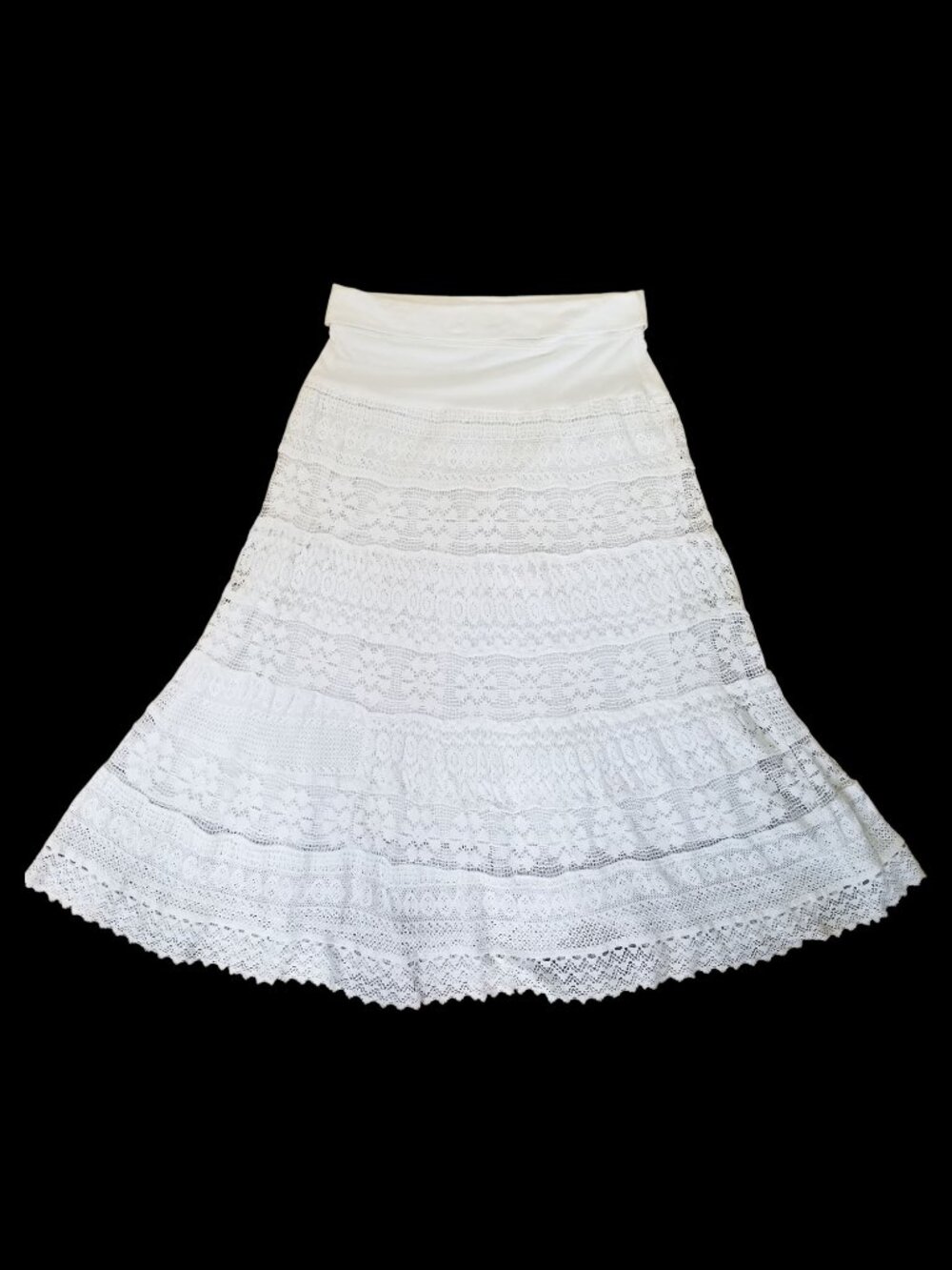 Lace Tiered Skirt Knit Waistband Midi-Maxi Flowing Cotton